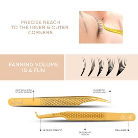 SIVOTE Eyelash Extension Tweezers Fiber Tips Japanese Steel, Set of 6 - Curved, Dolphin, 90 45 Volume Boot & Slight Curved Tweezer - Professional Lash Tweezers for Lash Extensions Gold