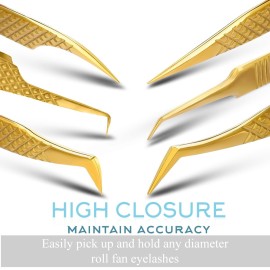 SIVOTE Eyelash Extension Tweezers Fiber Tips Japanese Steel, Set of 6 - Curved, Dolphin, 90 45 Volume Boot & Slight Curved Tweezer - Professional Lash Tweezers for Lash Extensions Gold