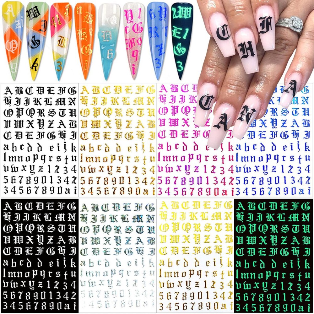 Letter Nail Art Stickers Number Nail Decals Nail Art Supplies Old English Alphabet Nail Sticker Designs Holographic English Font Letters Stickers for Acrylic Nails Decorations (8 Sheets) Letter Nail Art Stickers Number Nail Decals Nail Art Supplies Old English Alphabet Nail Sticker Designs Holographic English Font Letters Stickers for Acrylic Nails Decorations (8 Sheets)