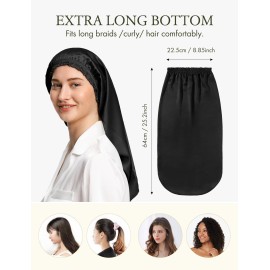 LilySilk Extra Long Silk Bonnet Sleep Cap for Women Soft Adjustable Hair Bonnet for Braids,Curly,Long Hair- Soft Elastic Band, Black