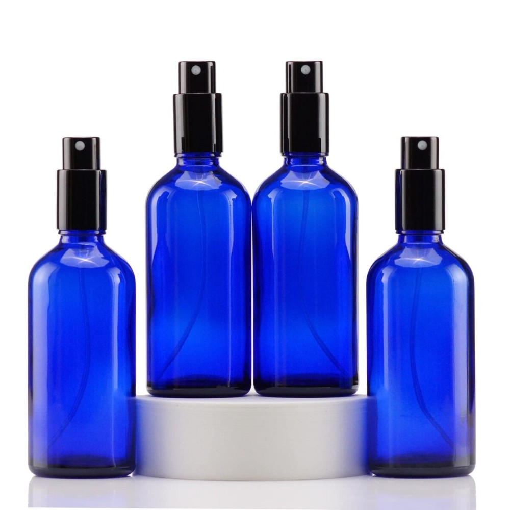 YIZHAO Blue Glass Spray Bottles 4oz, with Small Fine Mist Spray, Metal Cap, Refillable for Essential Oil,Travel,Cleaning,Perfume,Aromatherapy,Makeup - 4 Pcs