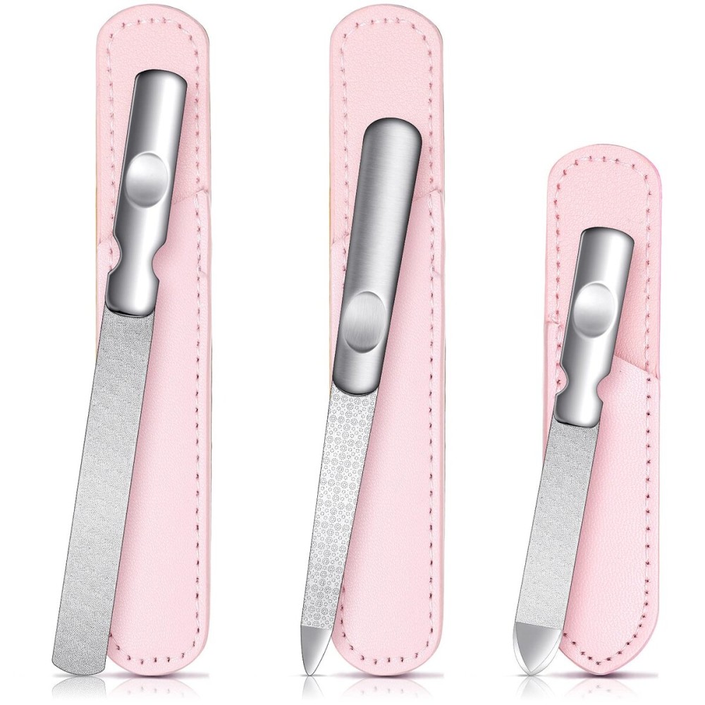 3 Pcs Stainless Steel Nail Files Kit with Leather Case, Double Sided Metal Nail Files with Anti-Slip Handle for Women and Men, Metal File Buffer Manicure Pedicure Tools for Fingernail Toenail(Pink) 3 Pcs Stainless Steel Nail Files Kit with Leather Case, Double Sided Metal Nail Files with Anti-Slip Handle for Women and Men, Metal File Buffer Manicure Pedicure Tools for Fingernail Toenail(Pink)