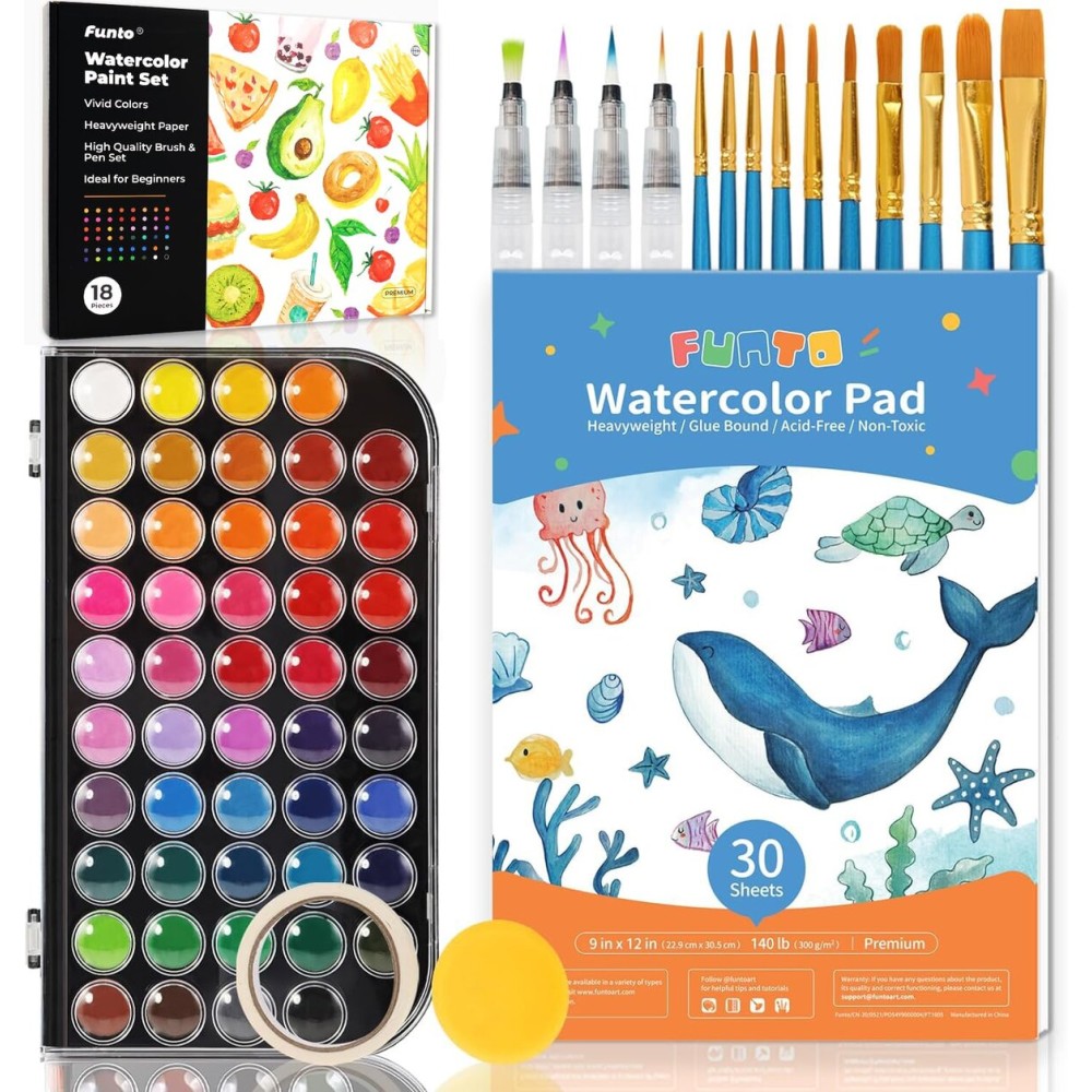 Funto Watercolor Set, 48 Color Paint Set, 10 Brushes, 30 Page Pad(9x12), 4 Refillable Pens & More, Painting Kit for Kids, Adults, Beginners