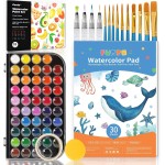 Funto Watercolor Set, 48 Color Paint Set, 10 Brushes, 30 Page Pad(9x12), 4 Refillable Pens & More, Painting Kit for Kids, Adults, Beginners