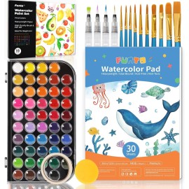 Funto Watercolor Set, 48 Color Paint Set, 10 Brushes, 30 Page Pad(9x12), 4 Refillable Pens & More, Painting Kit for Kids, Adults, Beginners