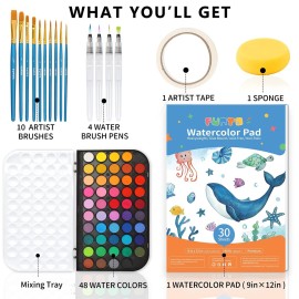 Funto Watercolor Set, 48 Color Paint Set, 10 Brushes, 30 Page Pad(9x12), 4 Refillable Pens & More, Painting Kit for Kids, Adults, Beginners