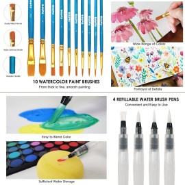 Funto Watercolor Set, 48 Color Paint Set, 10 Brushes, 30 Page Pad(9x12), 4 Refillable Pens & More, Painting Kit for Kids, Adults, Beginners