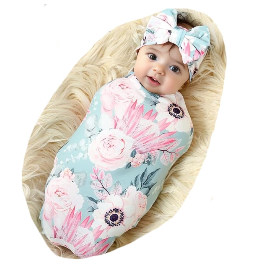 Galabloomer Newborn Receiving Blanket Headband Set Baby Swaddle Mother and Baby (Aqua White Flower)