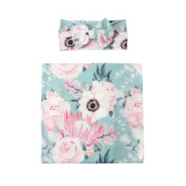Galabloomer Newborn Receiving Blanket Headband Set Baby Swaddle Mother and Baby (Aqua White Flower)