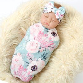 Galabloomer Newborn Receiving Blanket Headband Set Baby Swaddle Mother and Baby (Aqua White Flower)
