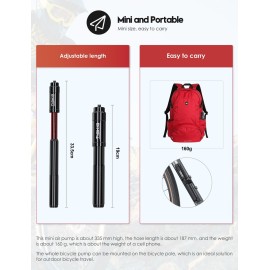 Tiakia Mini Bike Pump,Portable Compact Bicycle Pump,High Pressure Frame Pump 260PSI- Air Hand Pump Fit Presta, Schrader & Woods Valves,Aluminum Alloy Durable Tire Pump for Road/Mountain/BMX Bikes