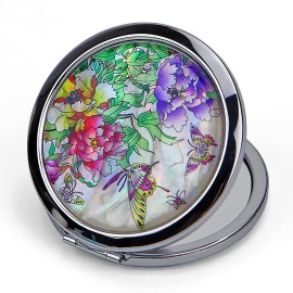 Compact Mirror-Mother of Pearl Magnifying Mirror-One-Touch Travel Makeup Mirror-Elegant Handheld Mirror with Floral Design-Dual-Sided Portable Mirror-Traditional Korean Painting(Butterfly TreePeony)