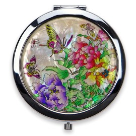 Compact Mirror-Mother of Pearl Magnifying Mirror-One-Touch Travel Makeup Mirror-Elegant Handheld Mirror with Floral Design-Dual-Sided Portable Mirror-Traditional Korean Painting(Butterfly TreePeony)