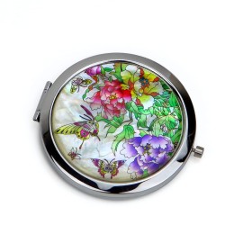 Compact Mirror-Mother of Pearl Magnifying Mirror-One-Touch Travel Makeup Mirror-Elegant Handheld Mirror with Floral Design-Dual-Sided Portable Mirror-Traditional Korean Painting(Butterfly TreePeony)