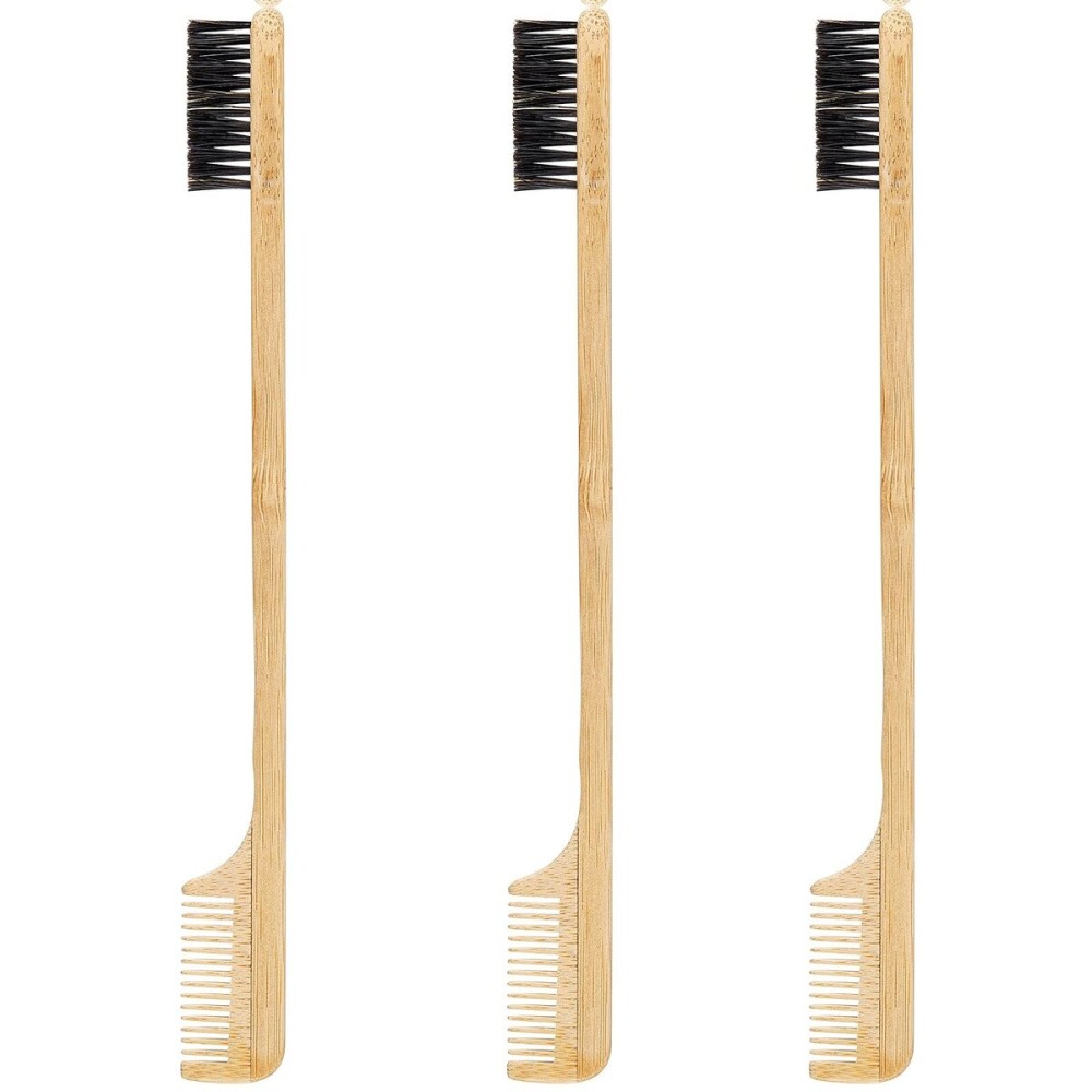 Geiserailie 3 Pieces Hair Edge Brushes 2-in-1 Edge Mustache Hair Brush Comb Gentle Control Wood Eyebrow Tool