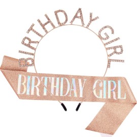 AOPRIE Birthday Crown for Women with Sash Rose Gold Blink Pink Tiara for Women Birthday Girl Headband Princess Crown Rhinestone Party Accessories