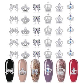 SILPECWEE 30 Pieces Rhinestones For Nails Crown Design Nail Charm 3D Nail Gems Alloy Nail Jewels Nail Decoration Kit With 1Pc Tweezers
