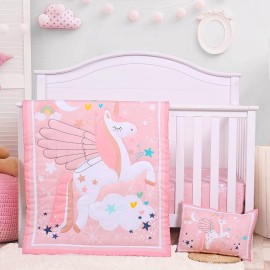 UOMNY Crib Bedding Set for Girls - Pink Baby Nursery Sets 3 Pieces Quilt Comforter Fitted Sheet Toddler Pillowcase Soft Star