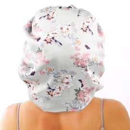 Greatremy Satin Braid Bonnet Double Layer Sleep Cap Scruchie, Silky Night Hat Large Bonnet for Women Curly, Long Natural Hair Dreadlocks, Braids, Locs Sleeping (Silver Flowers)