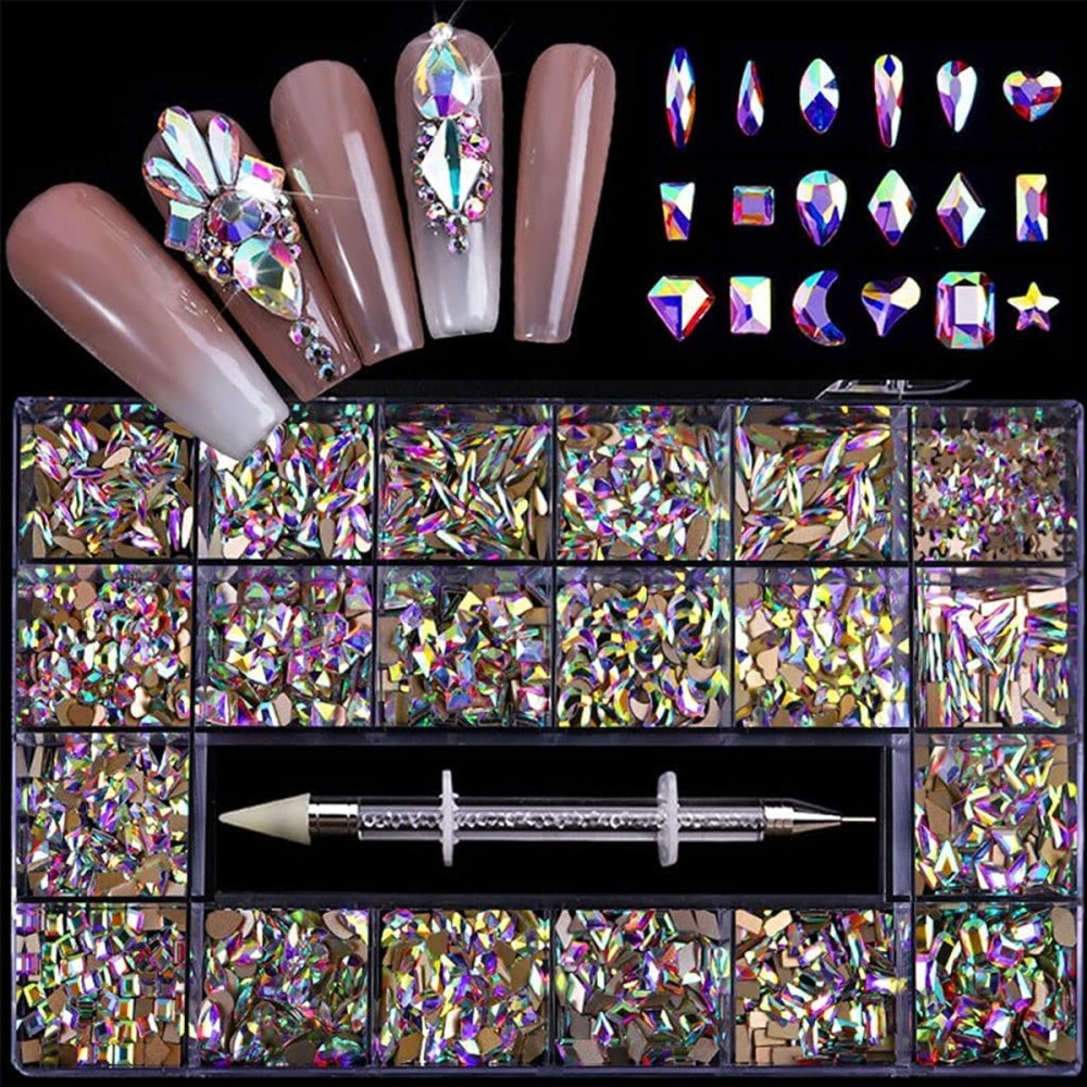 VERONNI Professional AB Crystal Rhinestones with Wax Pen Multi Shapes Glass Rhinestones for Nail Art Craft Mix Sizes Nail Gems Packaged in Storage Box Nail Art Supplies Accessories (01)