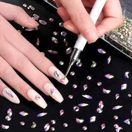 VERONNI Professional AB Crystal Rhinestones with Wax Pen Multi Shapes Glass Rhinestones for Nail Art Craft Mix Sizes Nail Gems Packaged in Storage Box Nail Art Supplies Accessories (01)