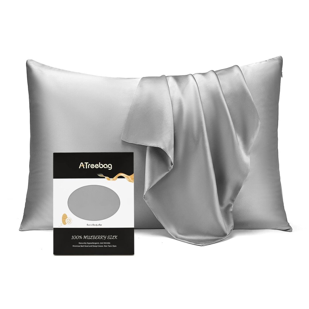 ATreebag Pillowcase 100% Mulberry Silk for Hair and Skin, Double Sided 19 Momme Pure Silk Pillow Case with Hidden Zipper and Gift Box (Silver Grey, 1 PC, Toddler 13x18)