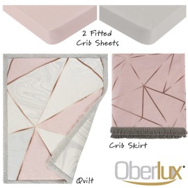 OBERLUX Crib Bedding Set for Girls- 4-Piece Baby Nursery Bedding Crib Set; Geometric, Rose Gold, Powder Pink & Marble | Precious Collection