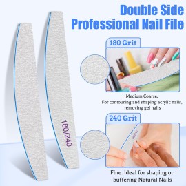Nail File 12 PCS Professional Reusable 180/240 Grit Double Sides Washable Nail File Manicure Tools for Natural Nails and Acrylic Nails Tools Suit for Home Salon