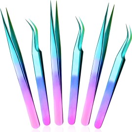 Mudder 6 Pcs Lash Tweezers Precision Eyelash Tweezers for Lash Extension, Straight and Curved Tip, Stainless Steel for False Volume Eyelash Application Tools(Laser)