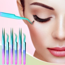 Mudder 6 Pcs Lash Tweezers Precision Eyelash Tweezers for Lash Extension, Straight and Curved Tip, Stainless Steel for False Volume Eyelash Application Tools(Laser)