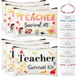 Weewooday 12 Pcs Teacher Appreciation Present Set 6 Teacher Survival Kit Bag Makeup Pouch Pencil Bag, 6 Blessing Card Bracelet Kit(9 x 5.9 Inch,Chic Style)