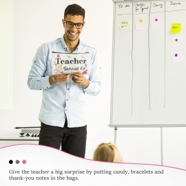 Weewooday 12 Pcs Teacher Appreciation Present Set 6 Teacher Survival Kit Bag Makeup Pouch Pencil Bag, 6 Blessing Card Bracelet Kit(9 x 5.9 Inch,Chic Style)