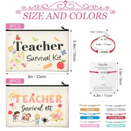 Weewooday 12 Pcs Teacher Appreciation Present Set 6 Teacher Survival Kit Bag Makeup Pouch Pencil Bag, 6 Blessing Card Bracelet Kit(9 x 5.9 Inch,Chic Style)