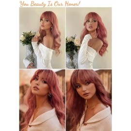 Honygebia Pink Wigs with Bangs - Long Ombre Pink Wigs for Women, Light Wavy Heat Resistant Hair Pink, Synthetic Dark Root Natural Looking - Best Wig for Halloween/Christmas/Cosplay/Party
