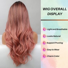 Honygebia Pink Wigs with Bangs - Long Ombre Pink Wigs for Women, Light Wavy Heat Resistant Hair Pink, Synthetic Dark Root Natural Looking - Best Wig for Halloween/Christmas/Cosplay/Party