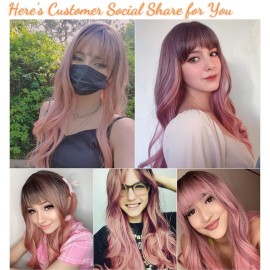 Honygebia Pink Wigs with Bangs - Long Ombre Pink Wigs for Women, Light Wavy Heat Resistant Hair Pink, Synthetic Dark Root Natural Looking - Best Wig for Halloween/Christmas/Cosplay/Party