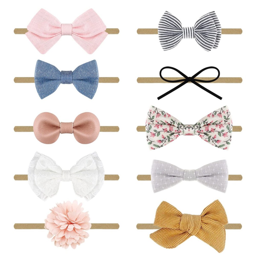 DRESHOW BQUBO Baby Girl Headbands with Bows Nylon Hairbands Handmade Hair Accessories for Newborn Infant Toddlers 10 Pack