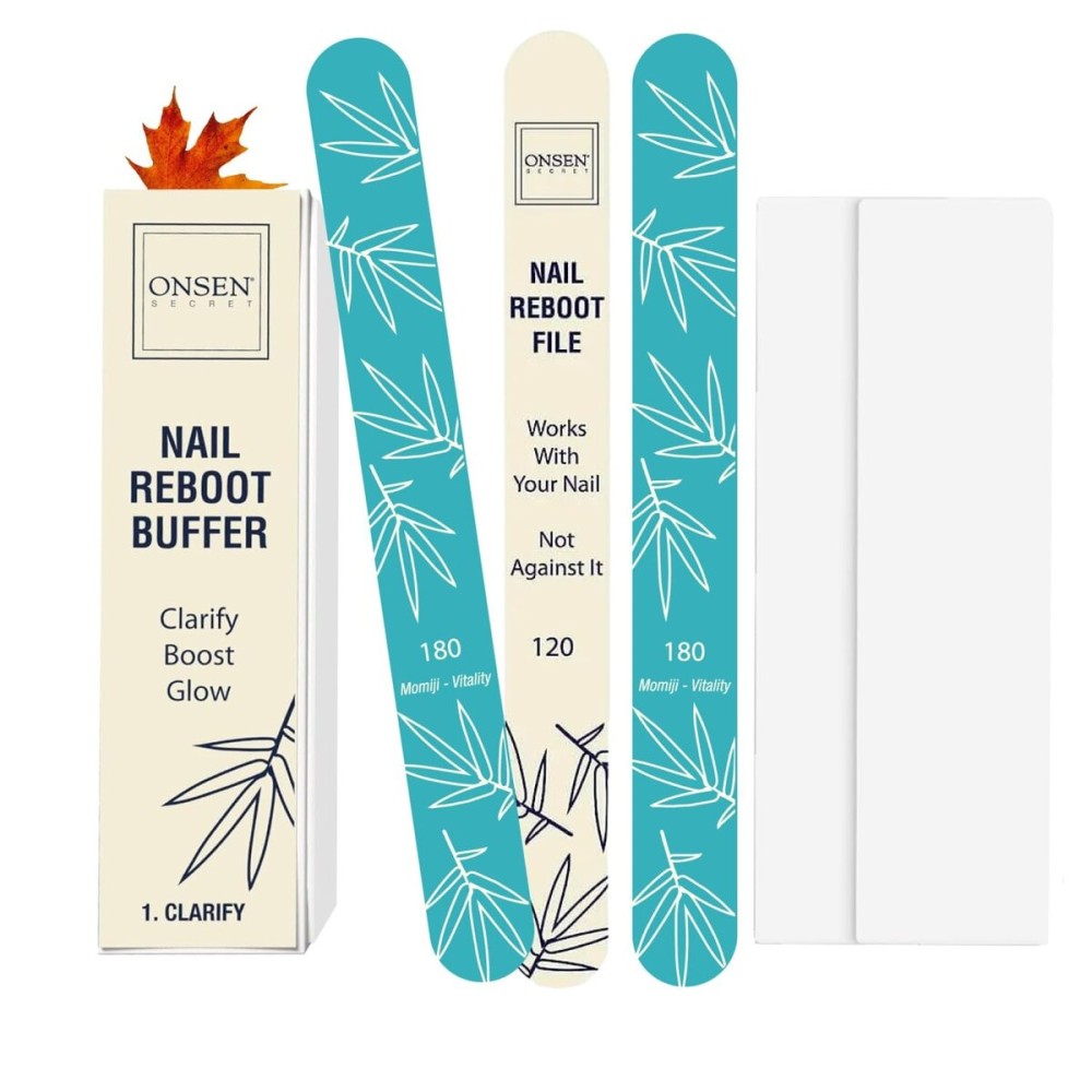 Onsen Japanese Nail Shape & Shine Kit | 3-Way Nail Buffer Block w/ 2 Extra Pads & 6-Pack Professional Nail File 120/180 Grit for Natural and Acrylic Nails | Shape and Shine Series - Super Value Bundle