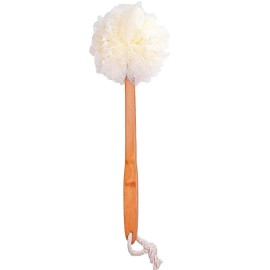 Shower Loofah Body & Back Scrubber - Exfoliating Loofah Bath Brush On a Stick - with Long Wooden Handle Back Brush for Men & Women - Easy Reach Body Wash & Lotion ApplicatorWhite
