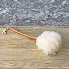 Shower Loofah Body & Back Scrubber - Exfoliating Loofah Bath Brush On a Stick - with Long Wooden Handle Back Brush for Men & Women - Easy Reach Body Wash & Lotion ApplicatorWhite Shower Loofah Body & Back Scrubber - Exfoliating Loofah Bath Brush On a Stick - with Long Wooden Handle Back Brush for Men & Women - Easy Reach Body Wash & Lotion ApplicatorWhite