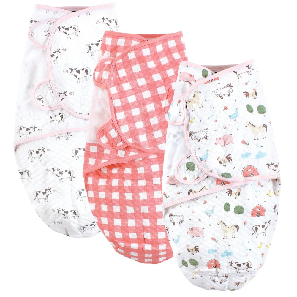 Hudson Baby Unisex Baby Quilted Cotton Swaddle Wrap 3pk, Girl Farm Animals, 0-3 Months