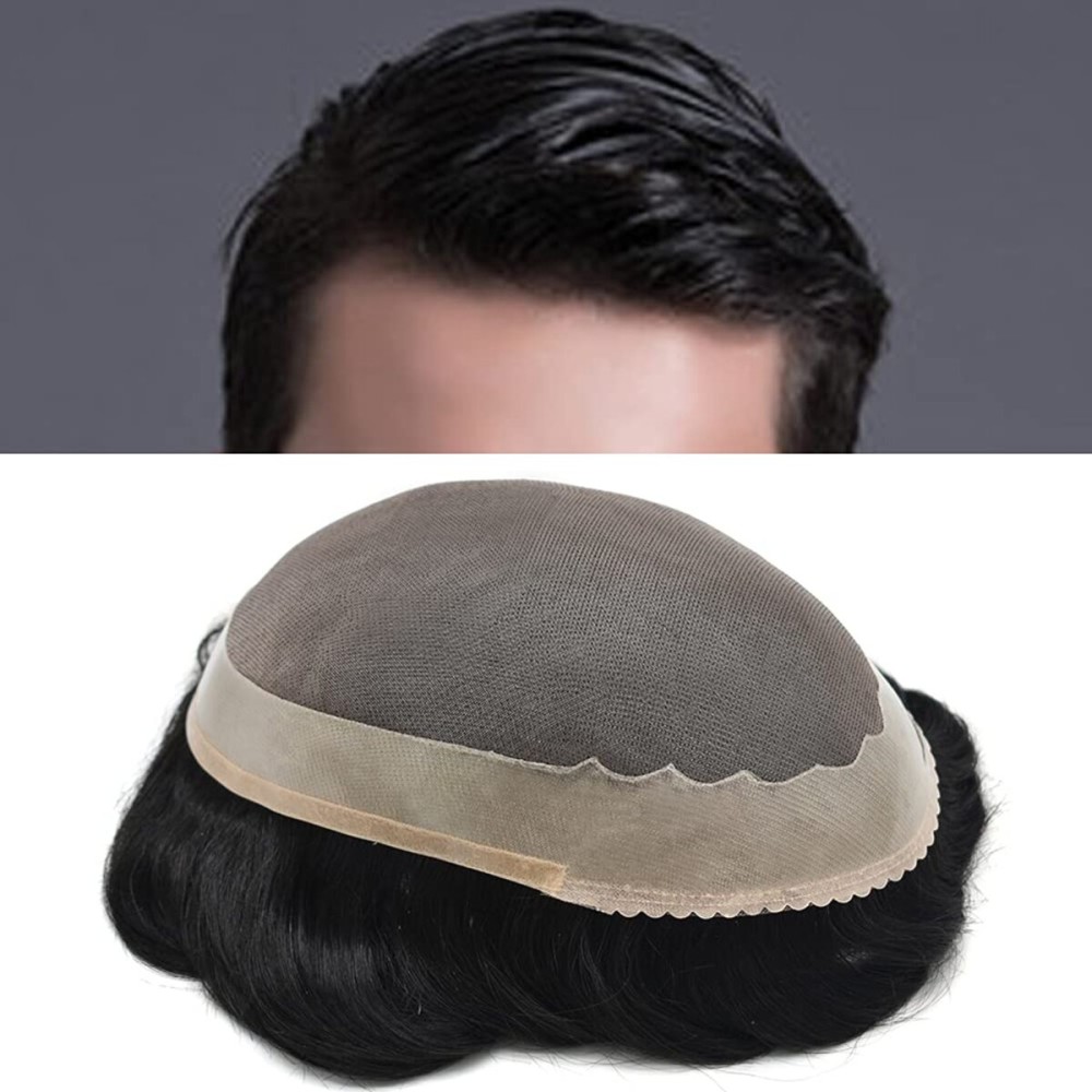FACE MIRACLE Fine Mono Mens Toupee Poly Coating Around Hair Systems Black Indian Remy Human Hairpieces Druable PU Replacements for Men (6*9, 1 Off Black -110% Light to Medium Density)
