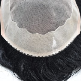 FACE MIRACLE Fine Mono Mens Toupee Poly Coating Around Hair Systems Black Indian Remy Human Hairpieces Druable PU Replacements for Men (6*9, 1 Off Black -110% Light to Medium Density)