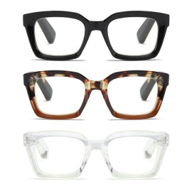 ZXYOO 3 Pack Oversize Square Design Reading Glasses for Women, Blue Light Blocking Reader (Black&Leopard&Transparent, 1.75)