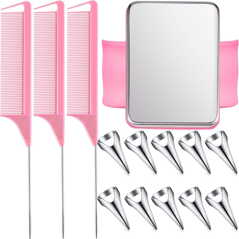 Patelai 10 Pieces Hair Parting Rings, 3 Pieces Steel Rat Tail Braiding Comb with Magnetic Wrist Pin for Parting and Selecting - Pink, Silver (11 in total)