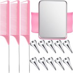 Patelai 10 Pieces Hair Parting Rings, 3 Pieces Steel Rat Tail Braiding Comb with Magnetic Wrist Pin for Parting and Selecting - Pink, Silver (11 in total)