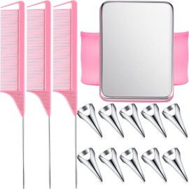 Patelai 10 Pieces Hair Parting Rings, 3 Pieces Steel Rat Tail Braiding Comb with Magnetic Wrist Pin for Parting and Selecting - Pink, Silver (11 in total)