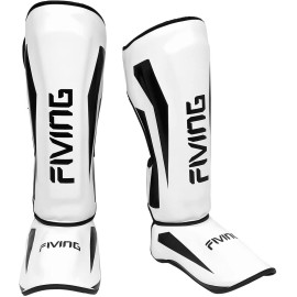 FIVING Martial Arts Shin Guards Padded, Adjustable Muay Thai Leg Guards with Instep Protection for Kickboxing Training and Sparring Durable, Professional MMA Equipment (White, Medium)