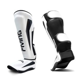 FIVING MMA Martial Arts Shin Guards - Padded, Adjustable Muay Thai Leg Guards with Instep Protection for Kickboxing/MMA Training and Sparring - Durable, Professional MMA Equipment (White, Large)