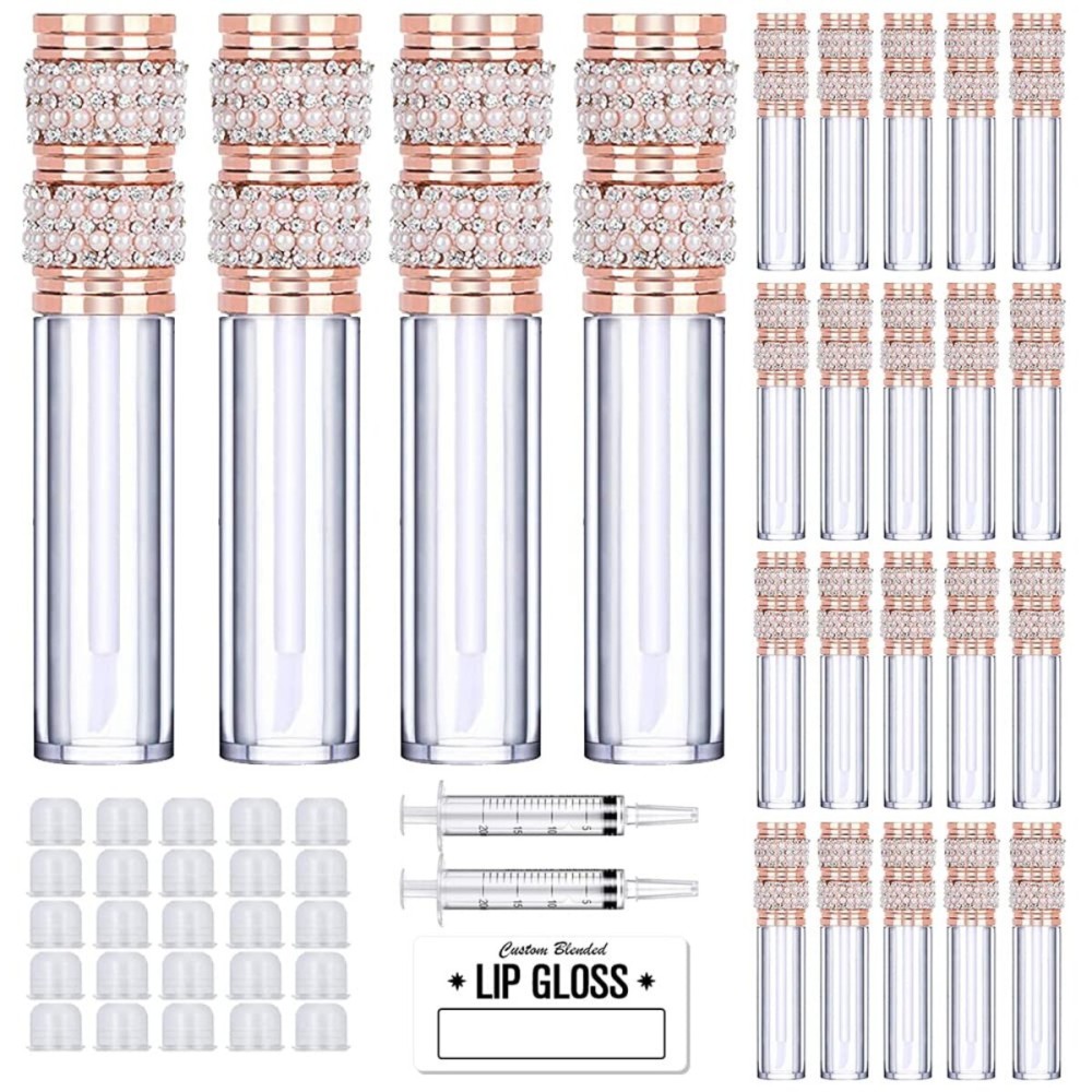 AMORIX 24 Pack Pearl Diamond Lip Gloss Tubes with Wand 5ml Empty Lip Gloss Containers Lipgloss Bottles with Stoppers + 2pcs Syringes for DIY Lip Gloss Balm